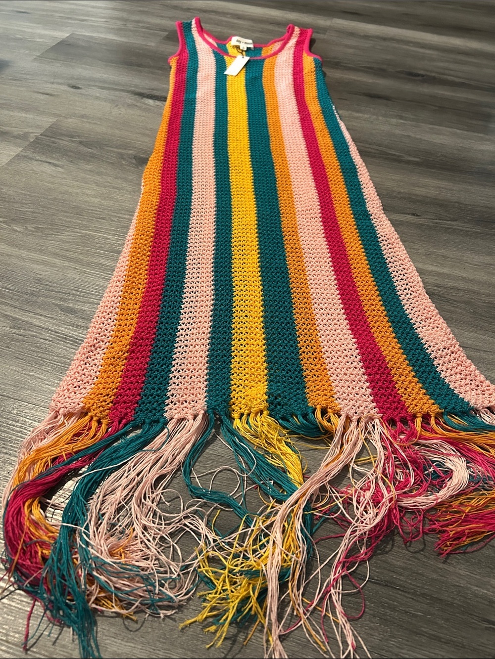Colorful Striped Crochet Fringe Maxi Dress - Multicolor